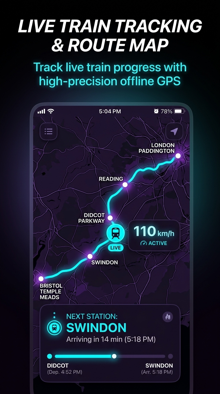 RailTarang Live Route Timeline with Train Engine Icon